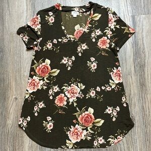 Everly Women’s Brown Floral Short Sleeve Blouse with V Neck Keyhole Cheat, sz sm